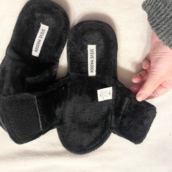 Steve Madden Faux Fur Open Toe Flat Slip-On Ezri Slide Slippers Black SZ 8 - Picture 8 of 8
